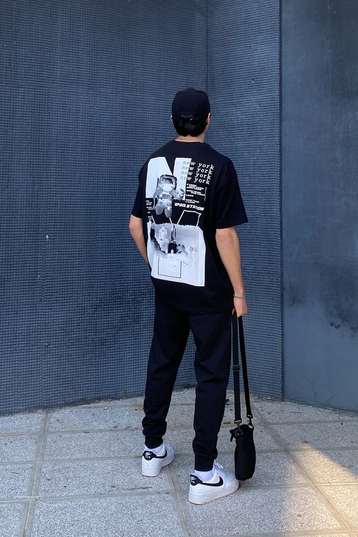 New York Baskılı Oversize Siyah Tshirt
