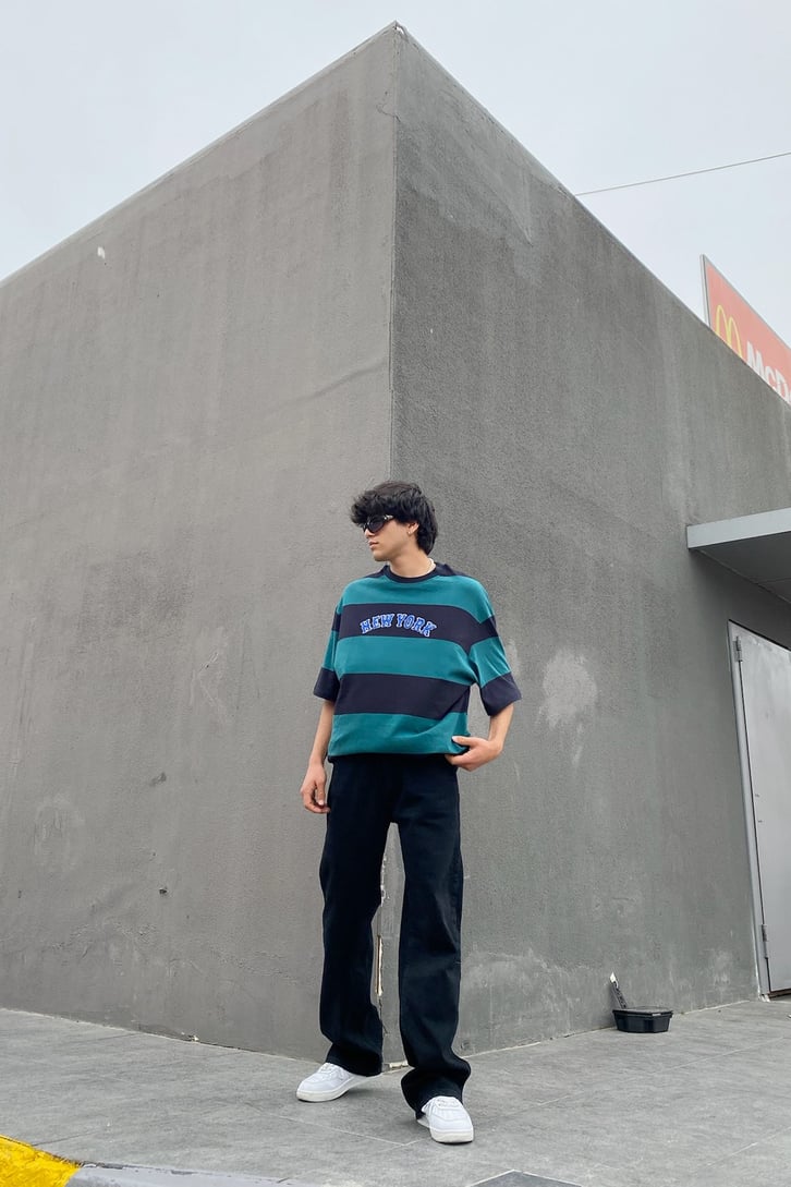 New York Nakışlı Zümrüt Yeşili Oversize Tshirt