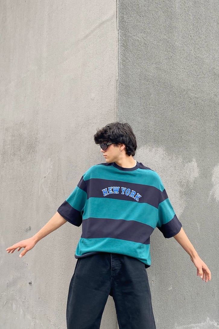 New York Nakışlı Zümrüt Yeşili Oversize Tshirt