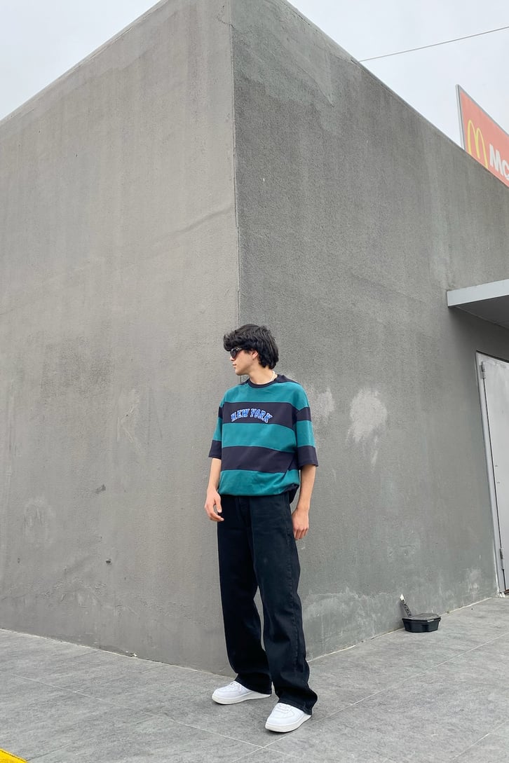 New York Nakışlı Zümrüt Yeşili Oversize Tshirt