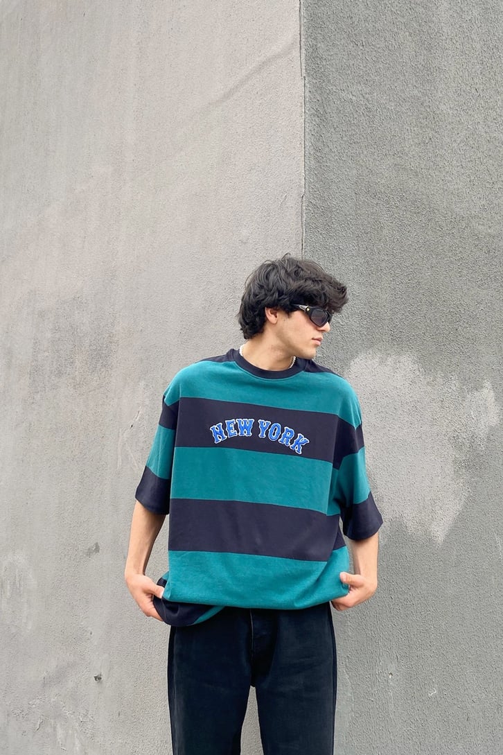 New York Nakışlı Zümrüt Yeşili Oversize Tshirt