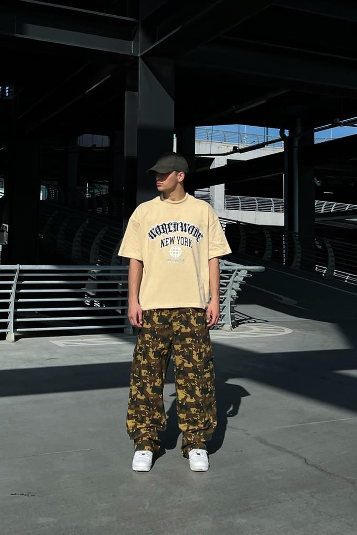 New York Worldwide Bej Oversize Tişört