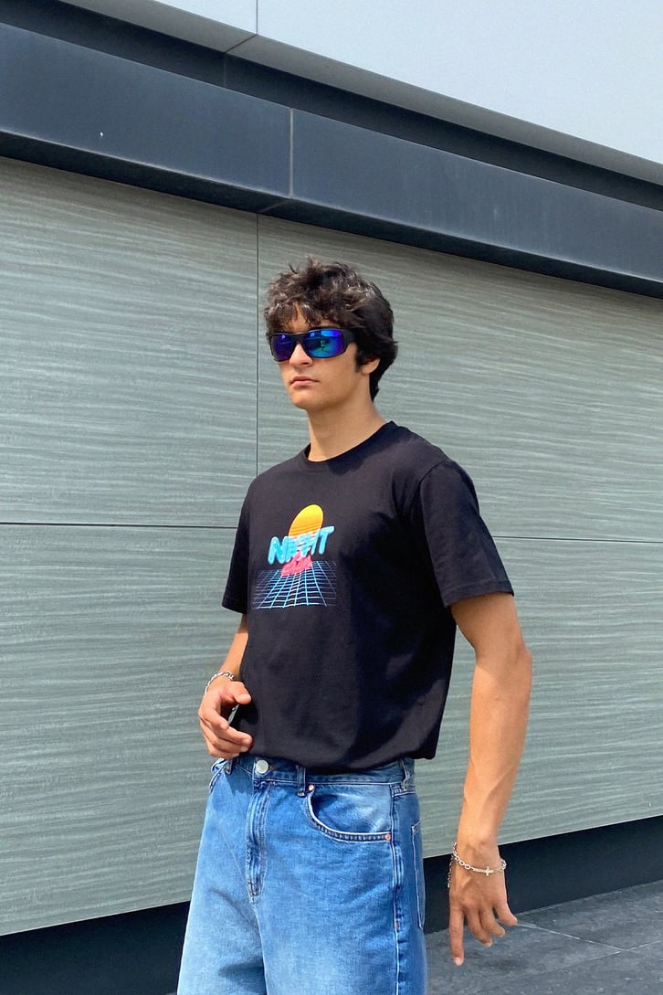 Night Driver Baskılı Siyah Oversize Tshirt