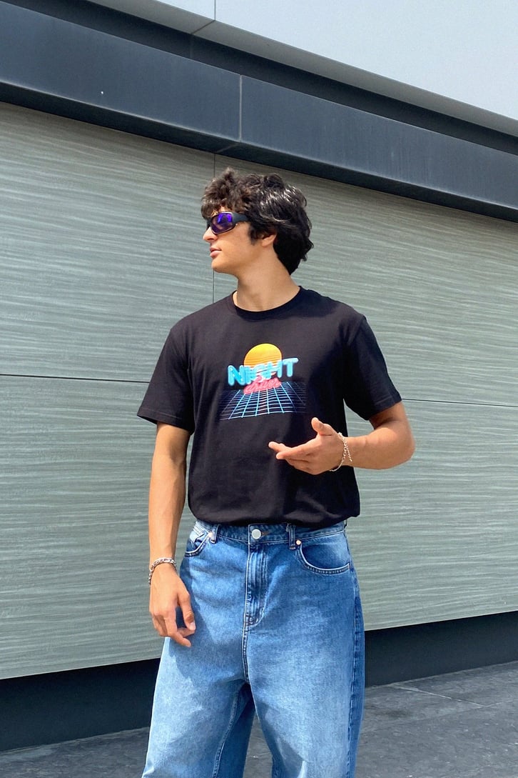 Night Driver Baskılı Siyah Oversize Tshirt