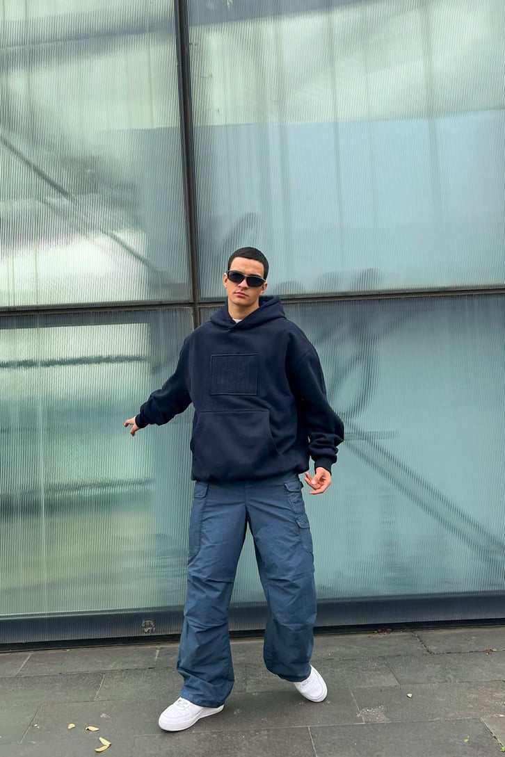 Night Nakışlı Lacivert Oversize Hoodie