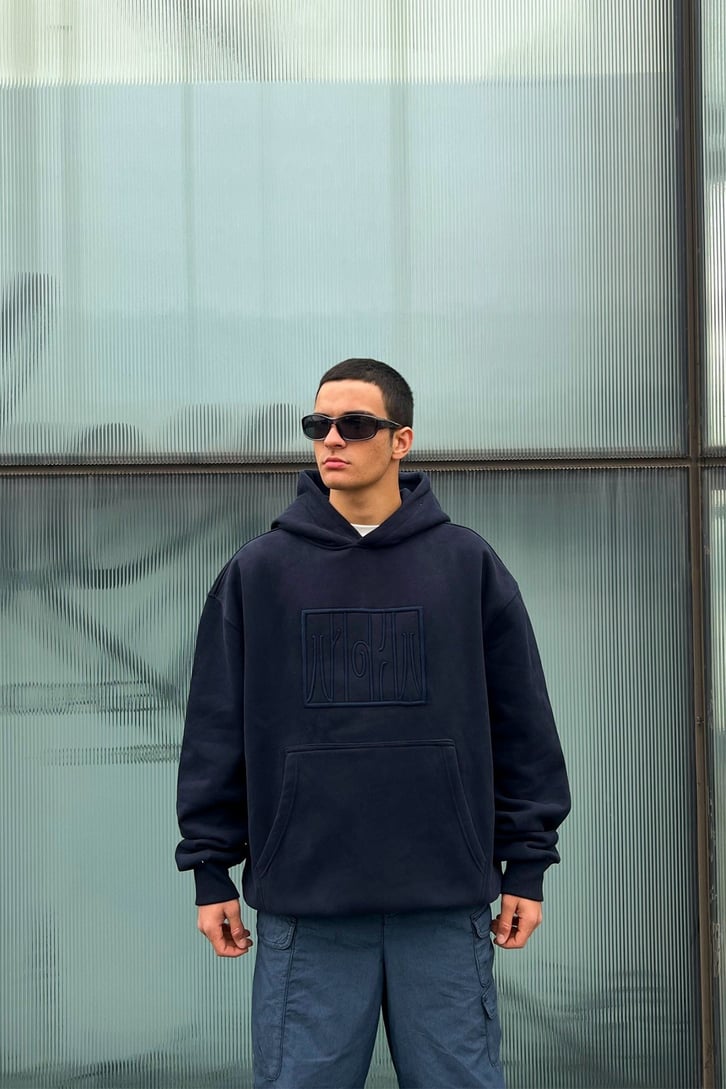 Night Nakışlı Lacivert Oversize Hoodie
