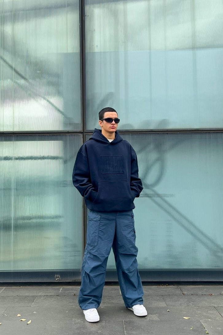 Night Nakışlı Lacivert Oversize Hoodie