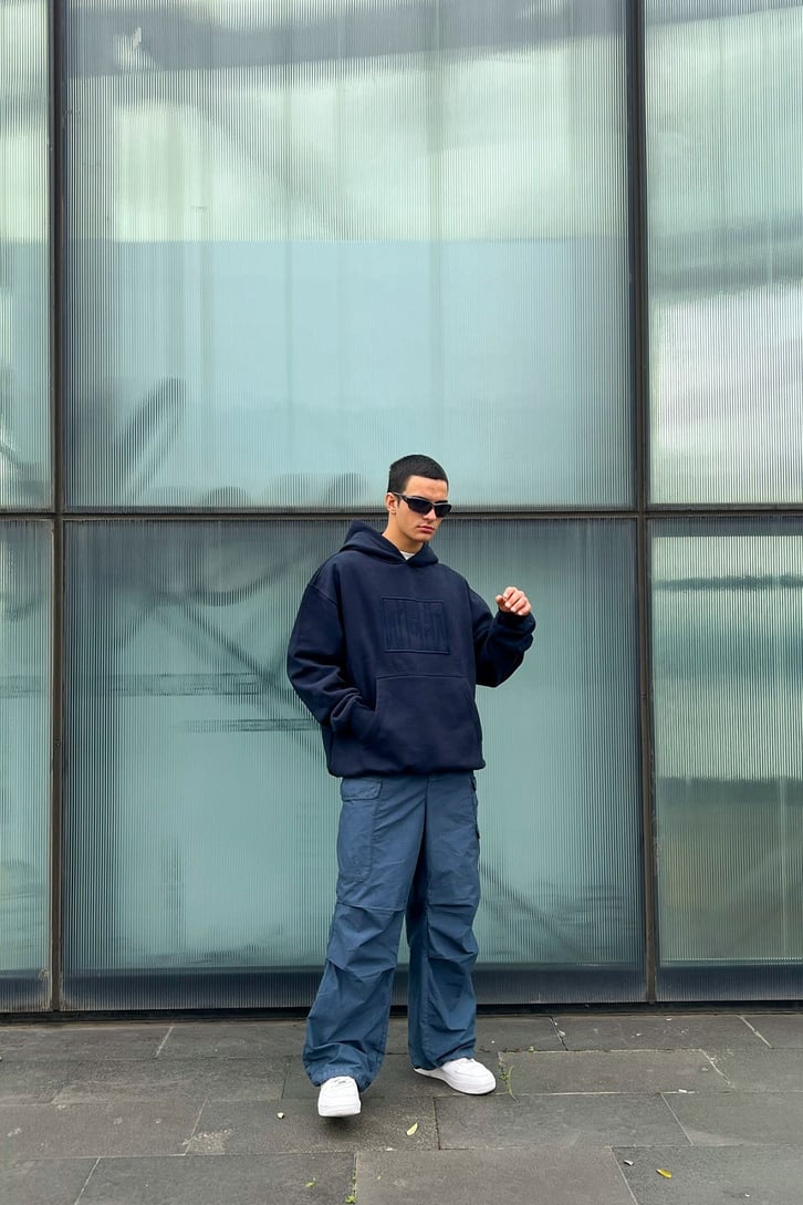 Night Nakışlı Lacivert Oversize Hoodie