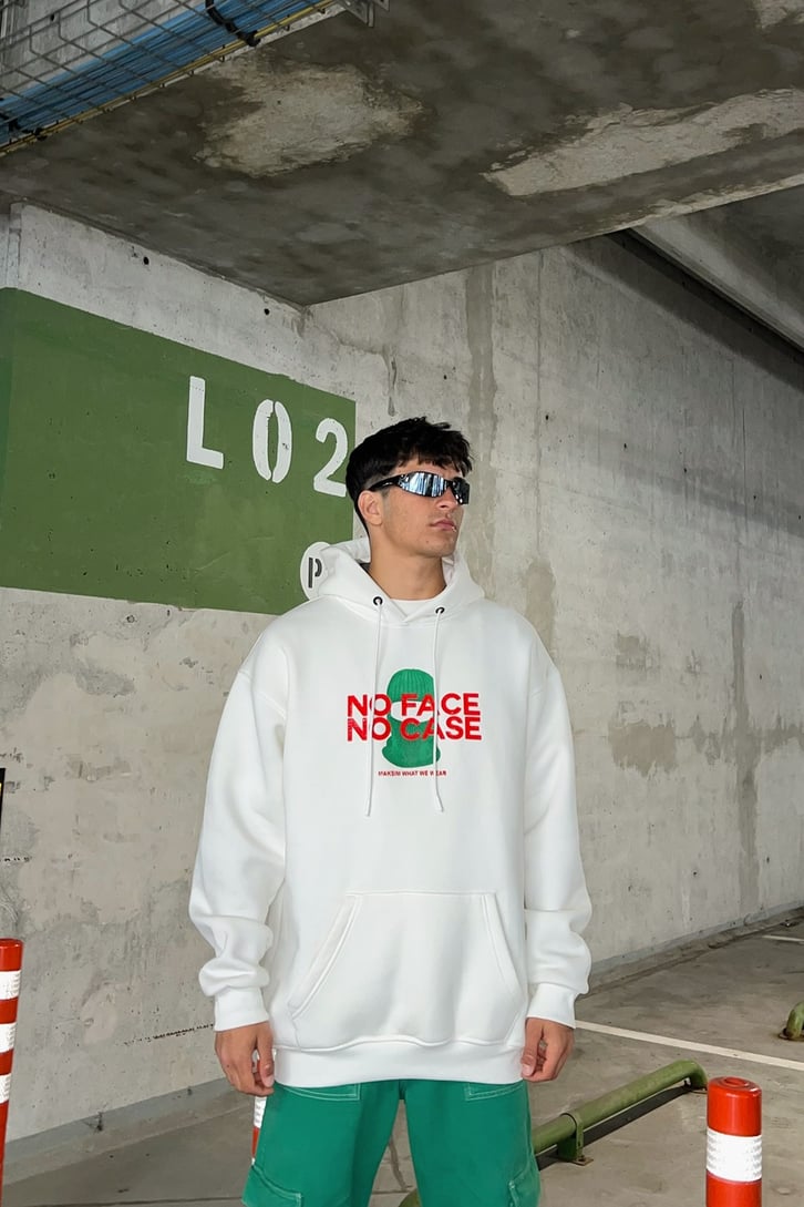 No Face No Case Baskılı Beyaz Oversize Sweatshirt