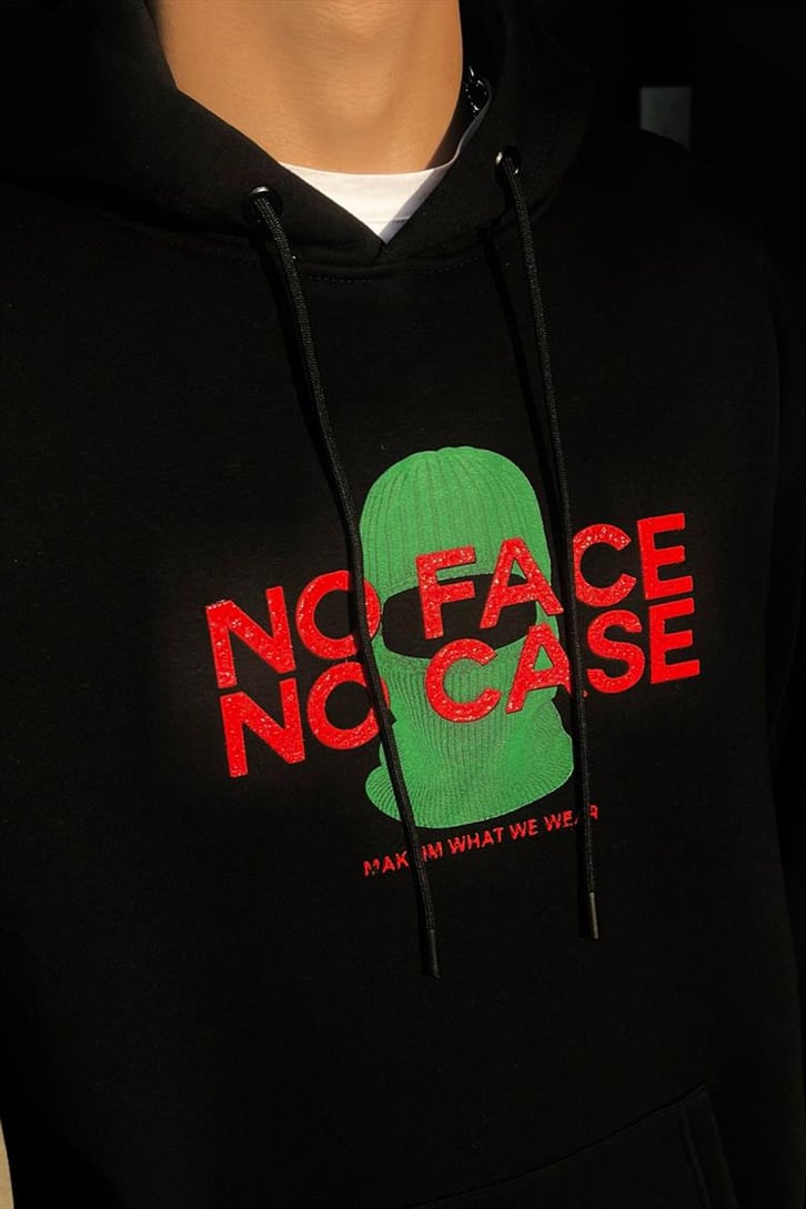 No Face No Case Baskılı Siyah İçi Pamuklu Oversize Hoodie
