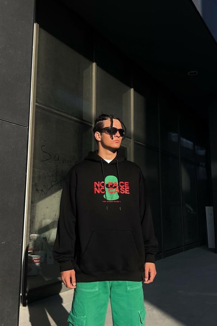 No Face No Case Baskılı Siyah İçi Pamuklu Oversize Hoodie