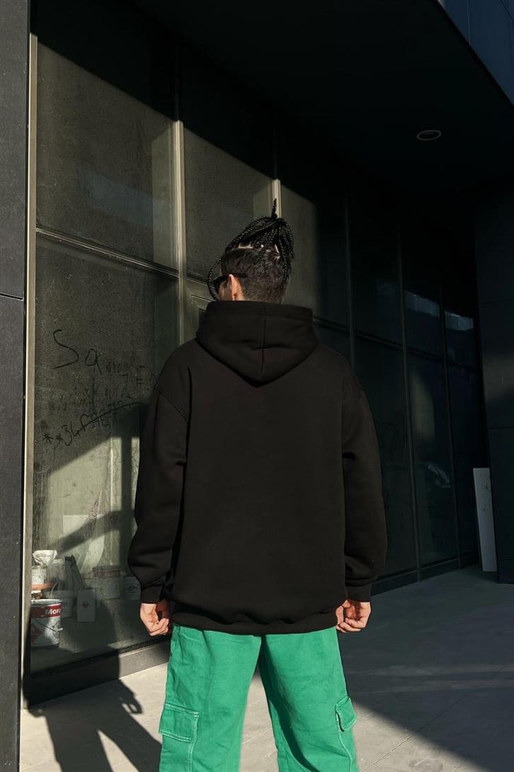 No Face No Case Baskılı Siyah İçi Pamuklu Oversize Hoodie