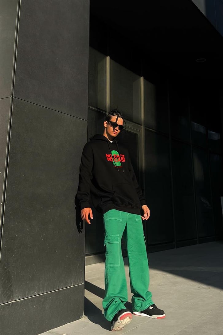 No Face No Case Baskılı Siyah İçi Pamuklu Oversize Hoodie