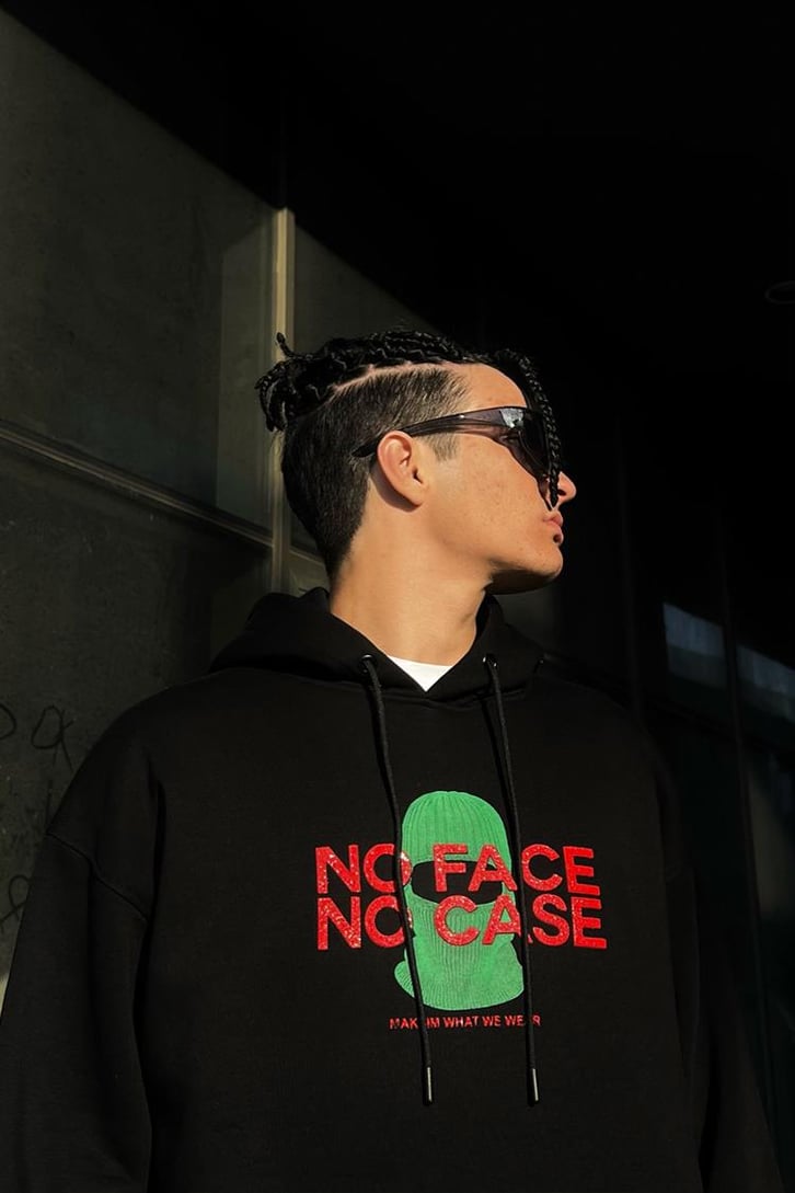 No Face No Case Baskılı Siyah İçi Pamuklu Oversize Hoodie