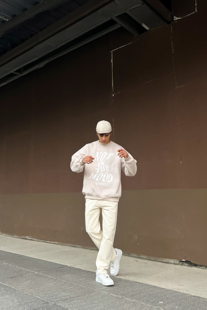 Not in the Mood Baskılı Taş Rengi Oversize Sweatshir