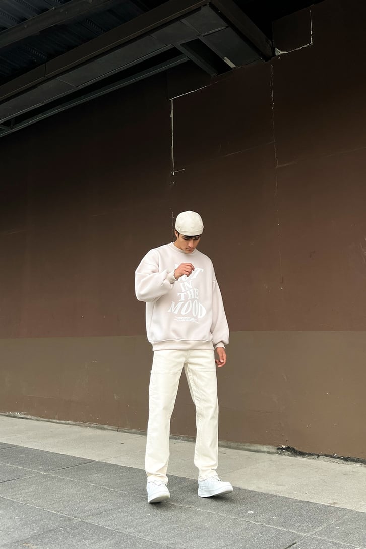 Not in the Mood Baskılı Taş Rengi Oversize Sweatshir