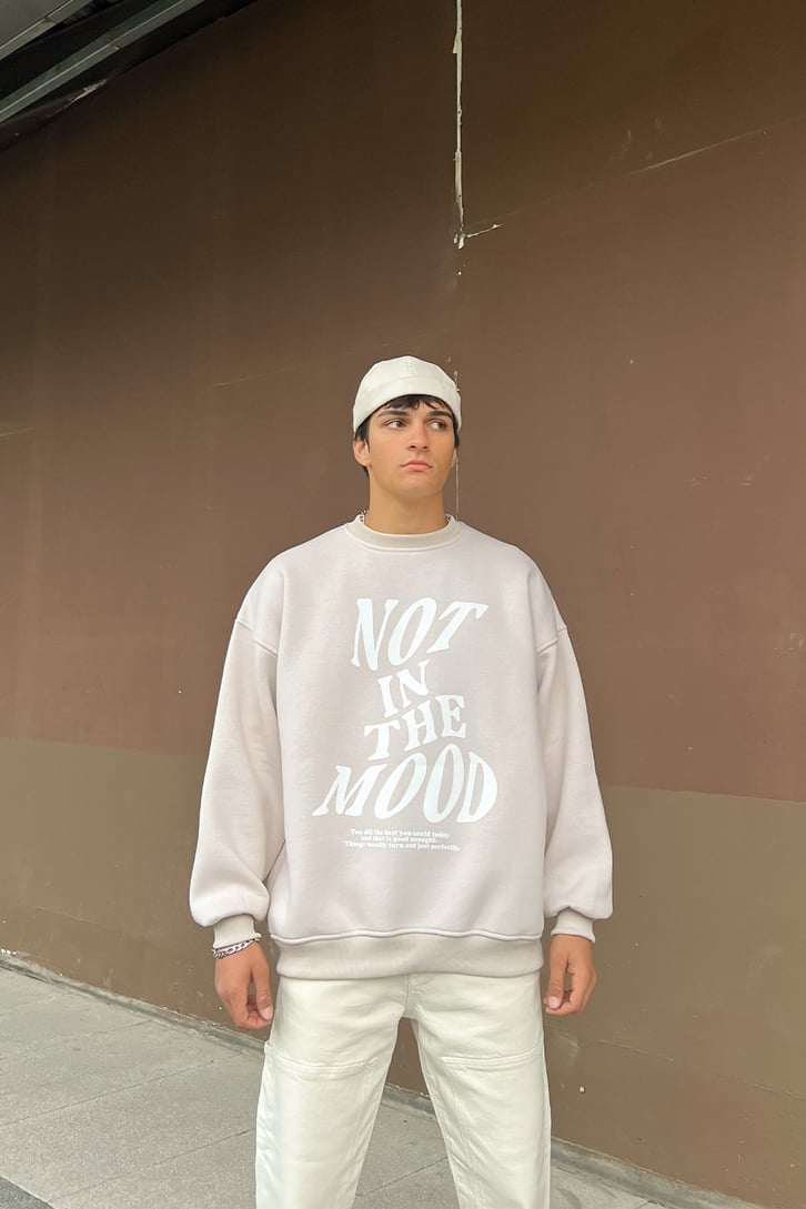 Not in the Mood Baskılı Taş Rengi Oversize Sweatshir