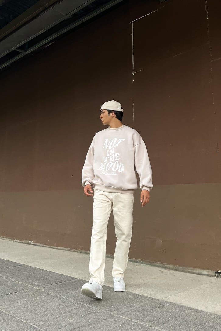 Not in the Mood Baskılı Taş Rengi Oversize Sweatshir