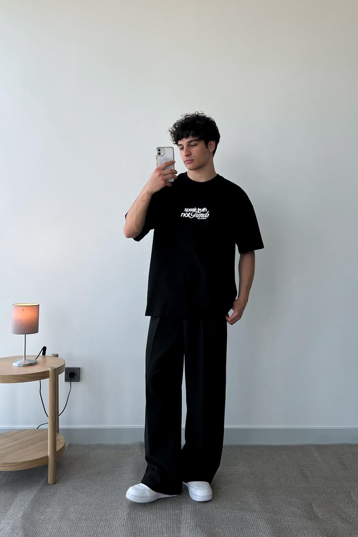 Not Trends Baskılı Siyah Oversize Tişört