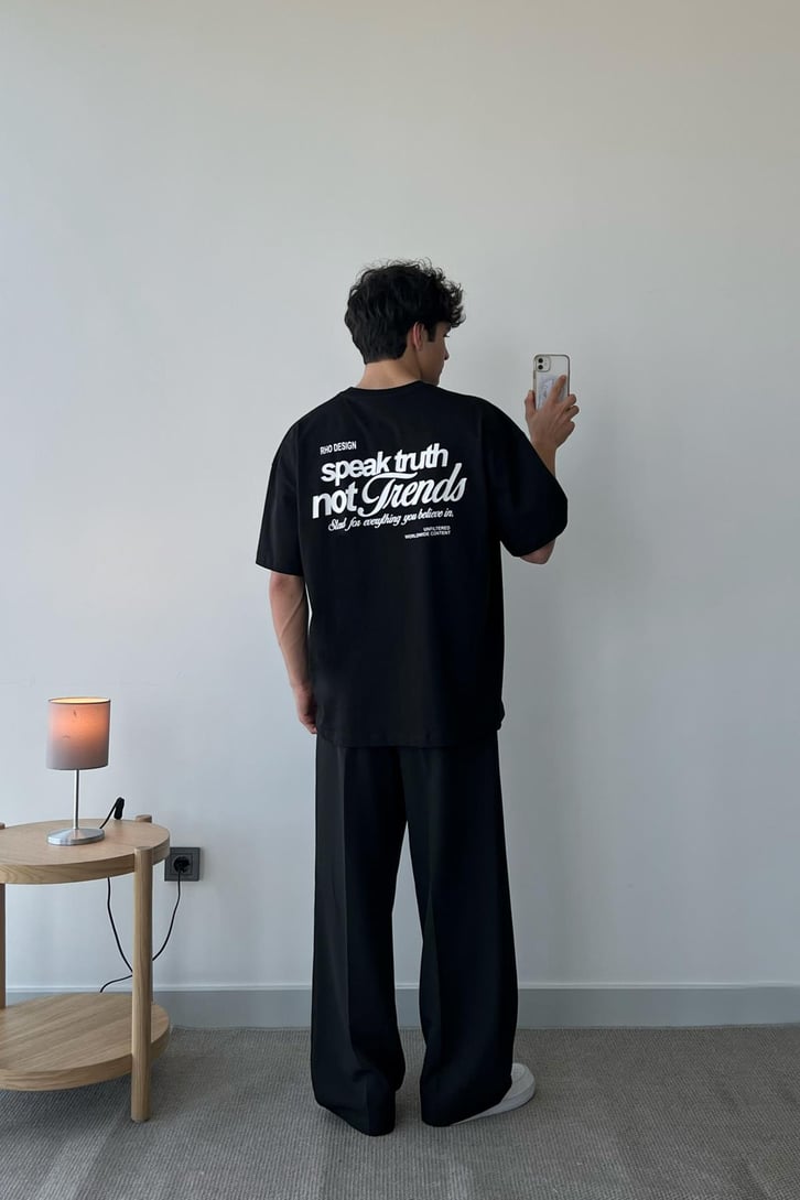 Not Trends Baskılı Siyah Oversize Tişört