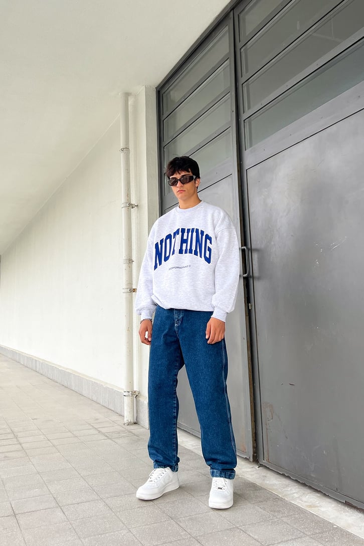 Nothing Baskılı Gri Oversize Swetshirt