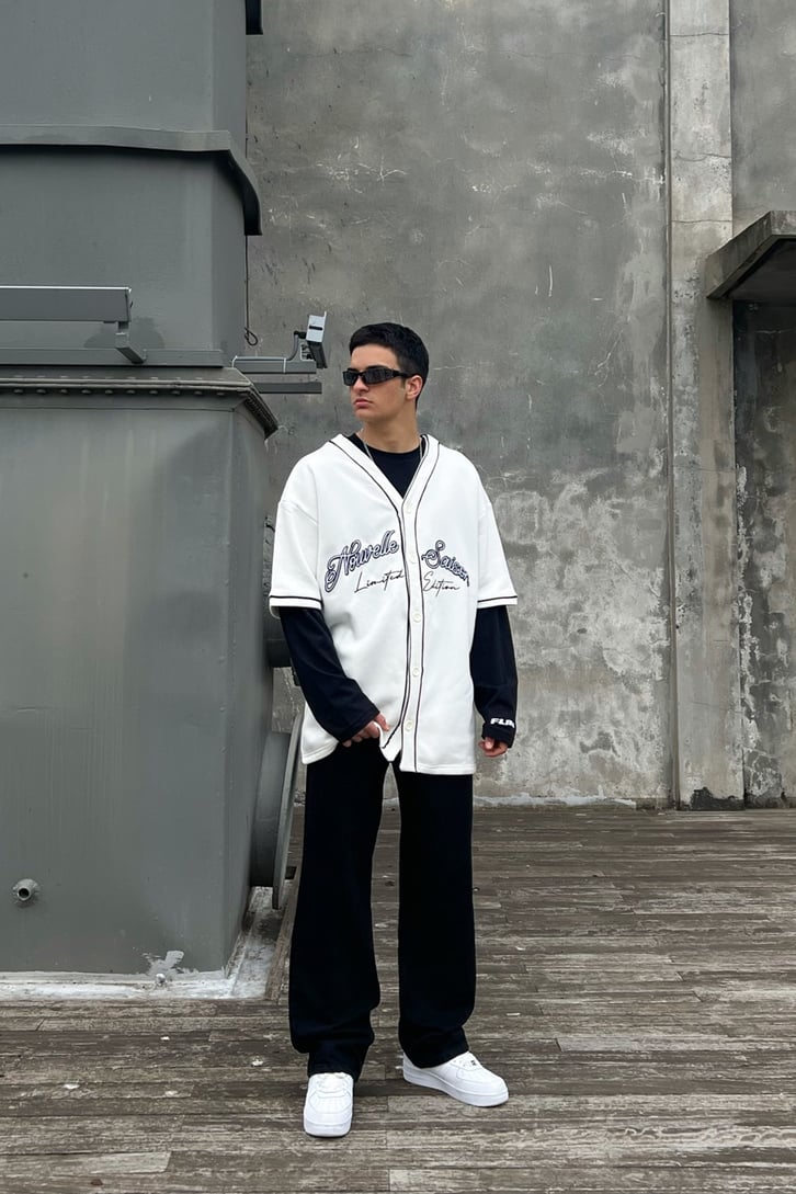 Nouvelle Nakışlı Beyaz Oversize Beyzbol Forma