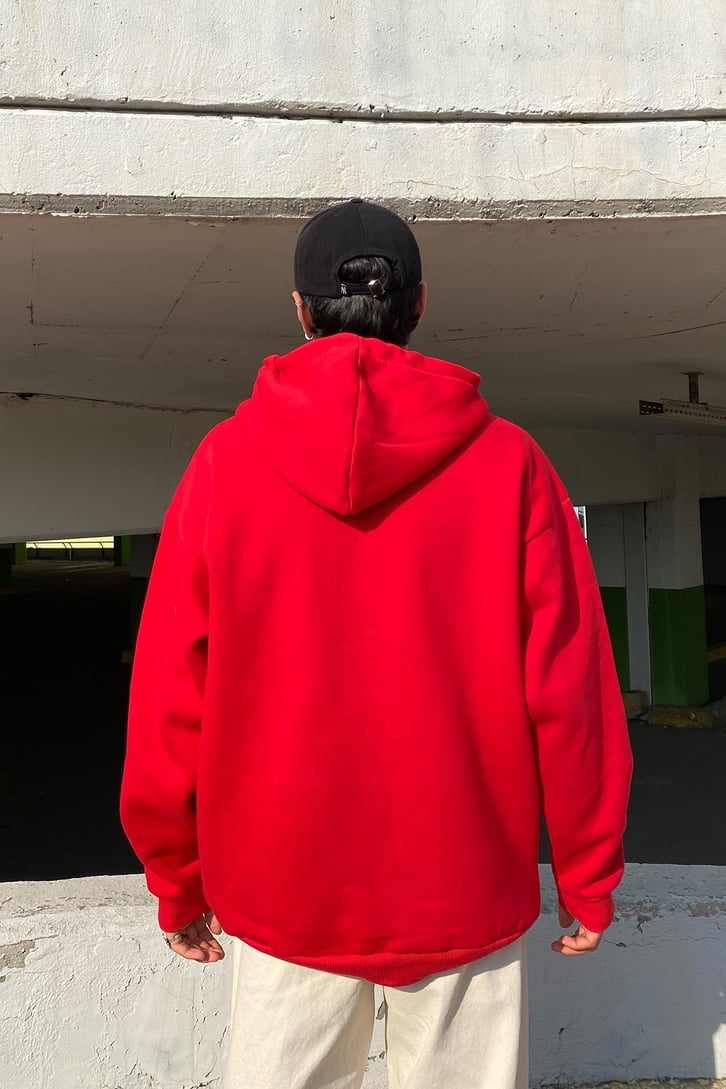 NY Kırmızı Oversize İşlemeli Hoodie