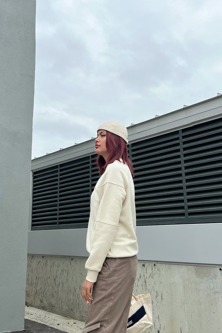 NY Nakışlı Taş Rengi Oversize Sweatshirt