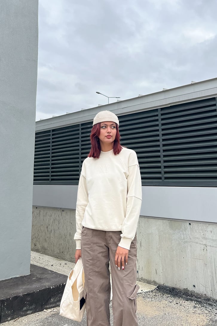 NY Nakışlı Taş Rengi Oversize Sweatshirt