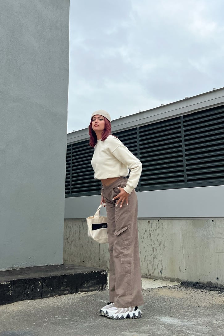 NY Nakışlı Taş Rengi Oversize Sweatshirt