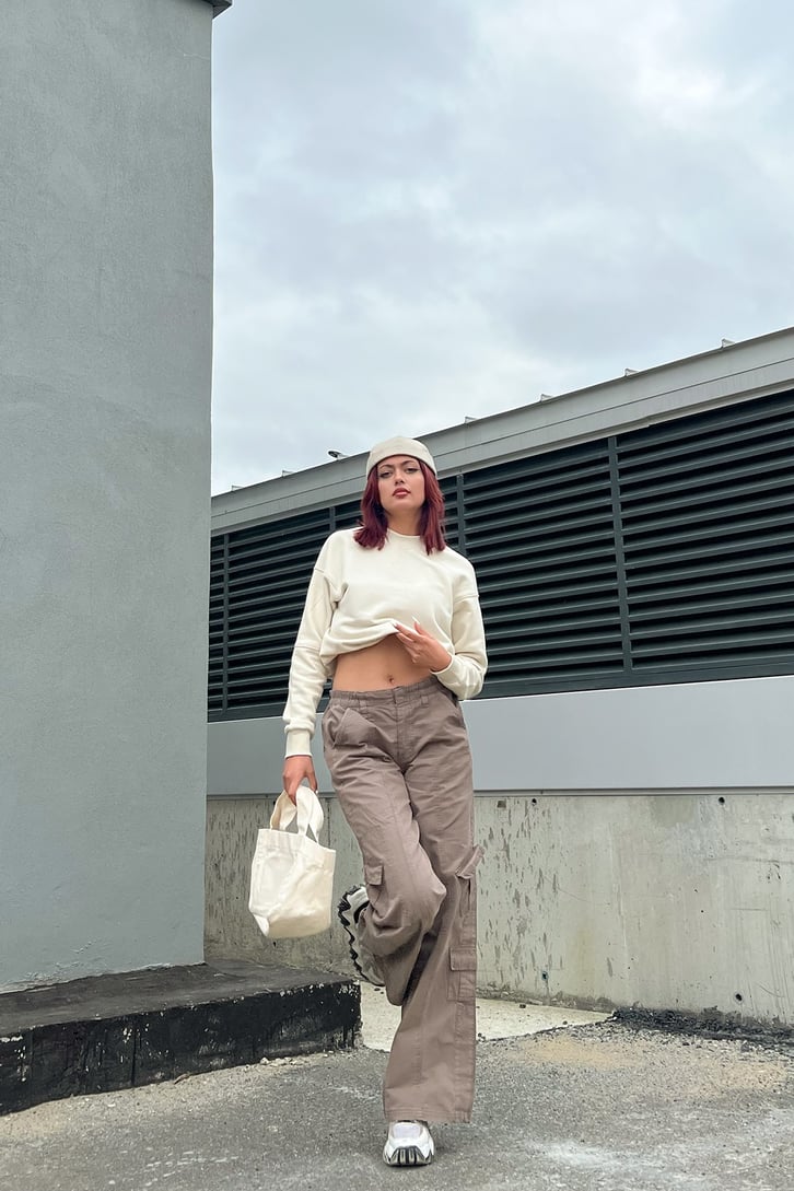 NY Nakışlı Taş Rengi Oversize Sweatshirt