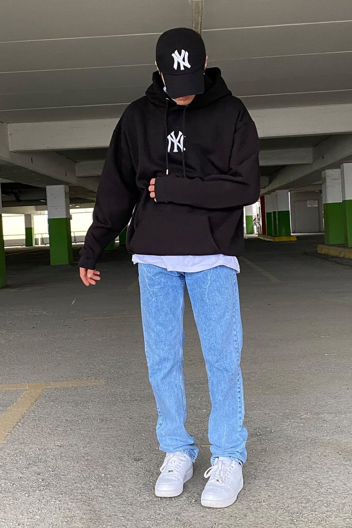 NY Siyah Oversize İşlemeli Hoodie