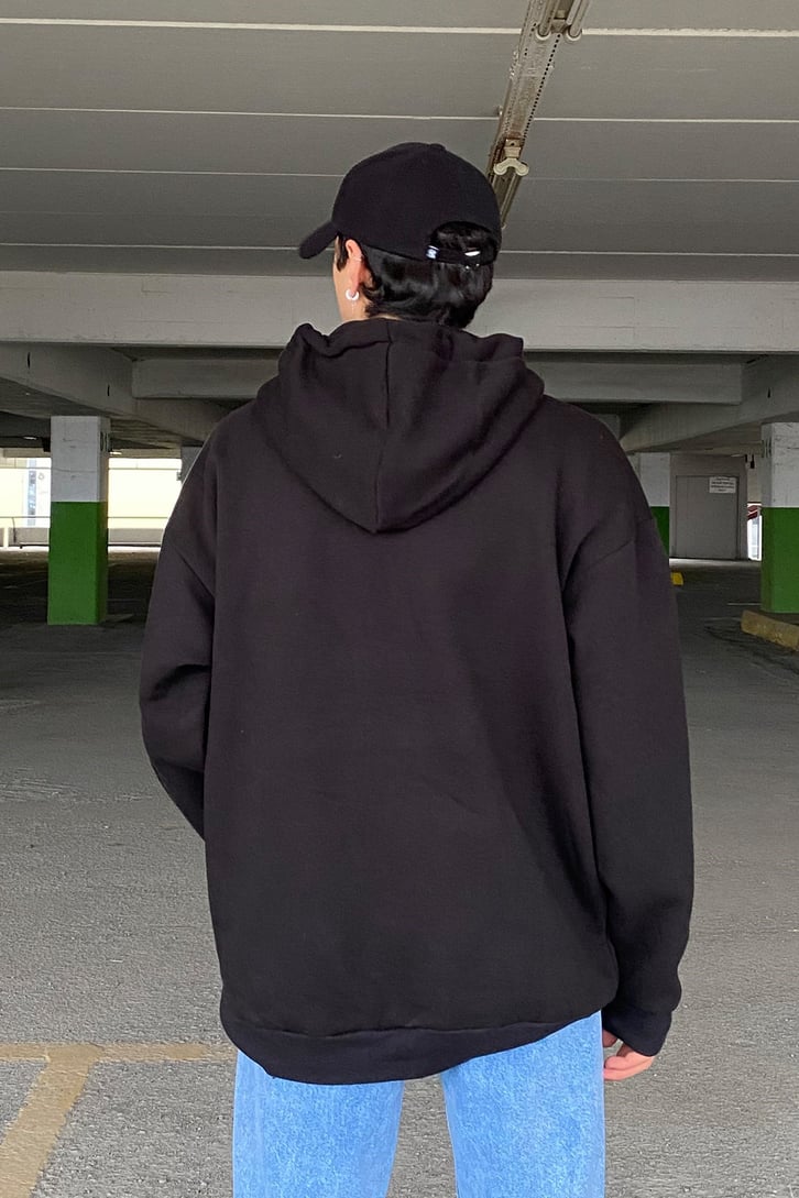 NY Siyah Oversize İşlemeli Hoodie