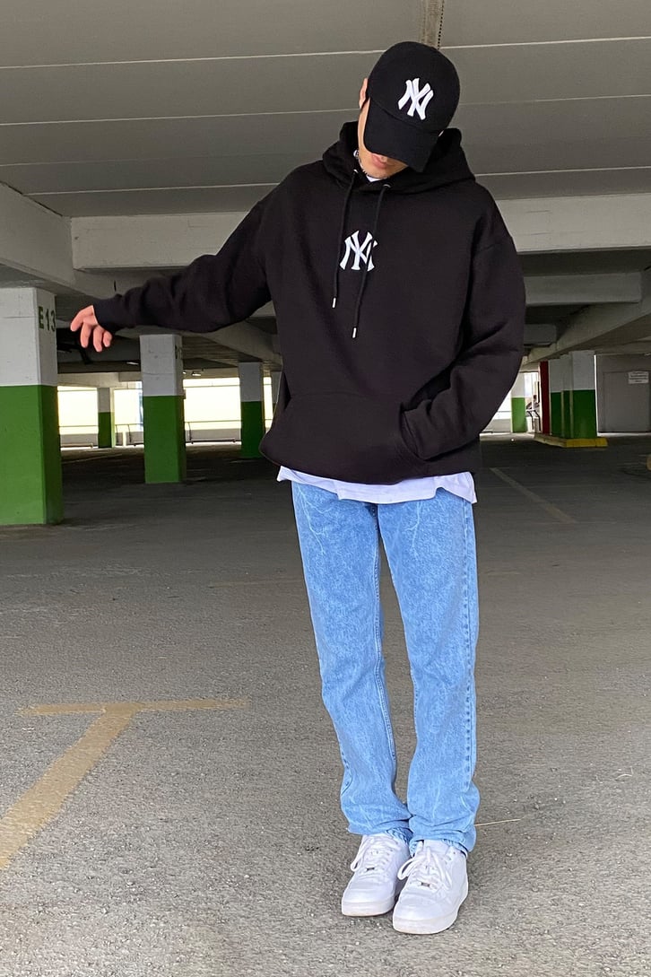 NY Siyah Oversize İşlemeli Hoodie