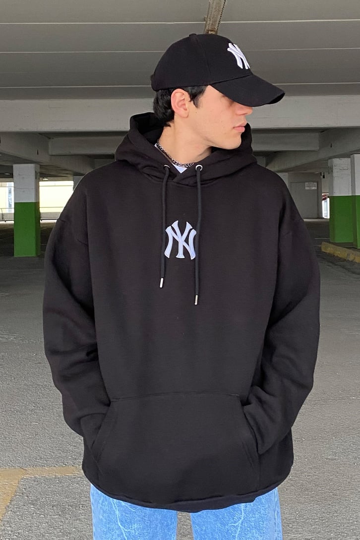 NY Siyah Oversize İşlemeli Hoodie