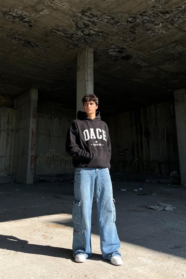 Oace Nakışlı Siyah İçi Pamuklu Oversize Hoodie