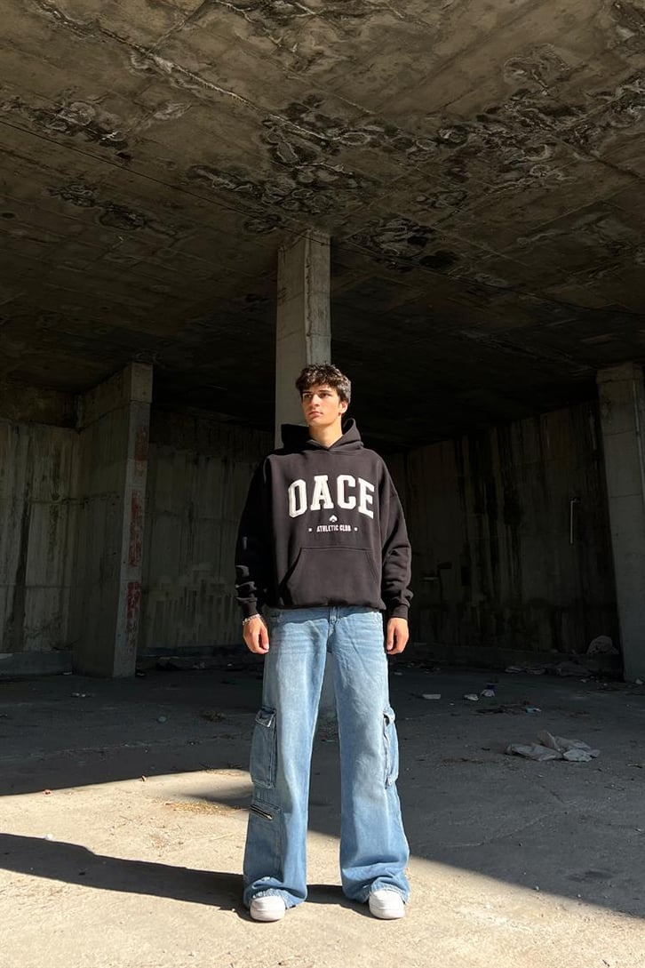Oace Nakışlı Siyah İçi Pamuklu Oversize Hoodie