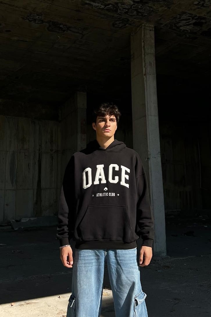 Oace Nakışlı Siyah İçi Pamuklu Oversize Hoodie