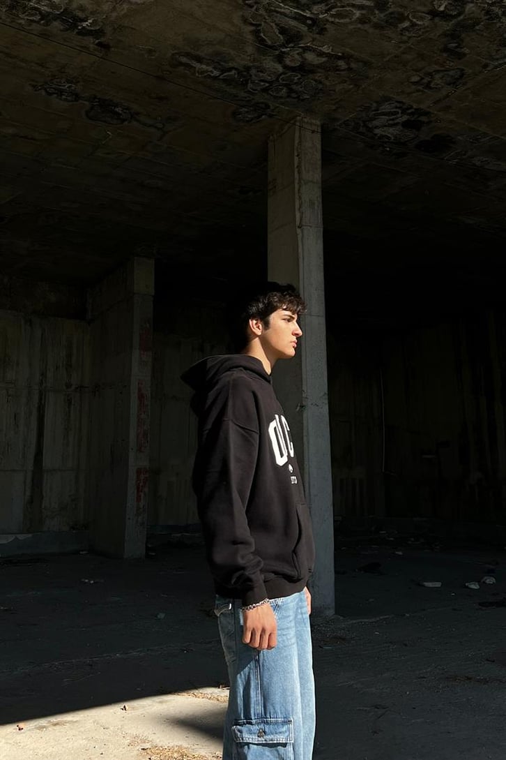 Oace Nakışlı Siyah İçi Pamuklu Oversize Hoodie