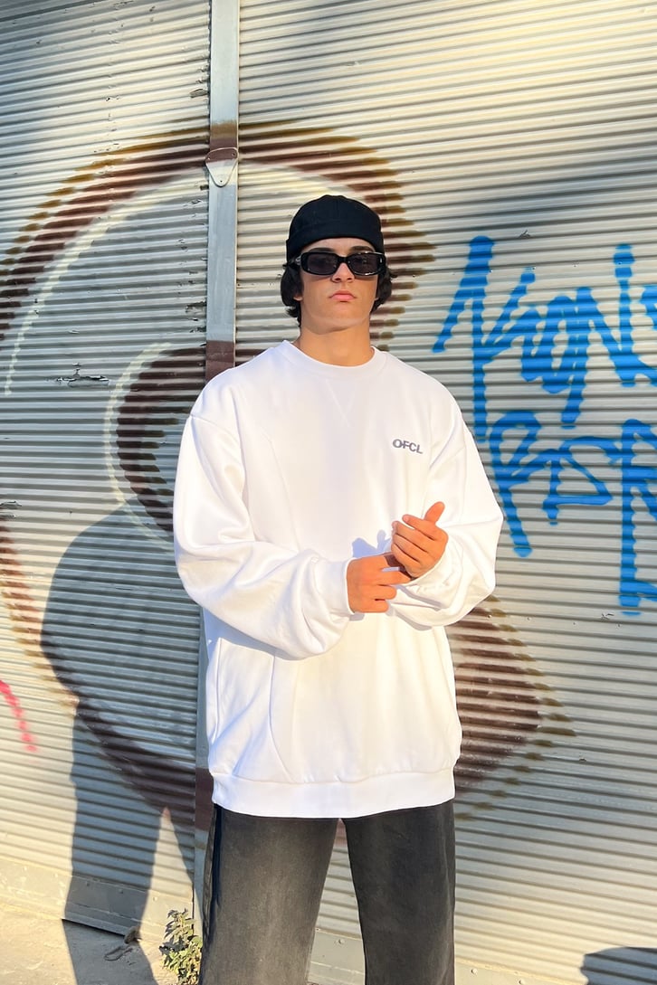 Ofcl Baskılı Beyaz Oversize Sweatshirt