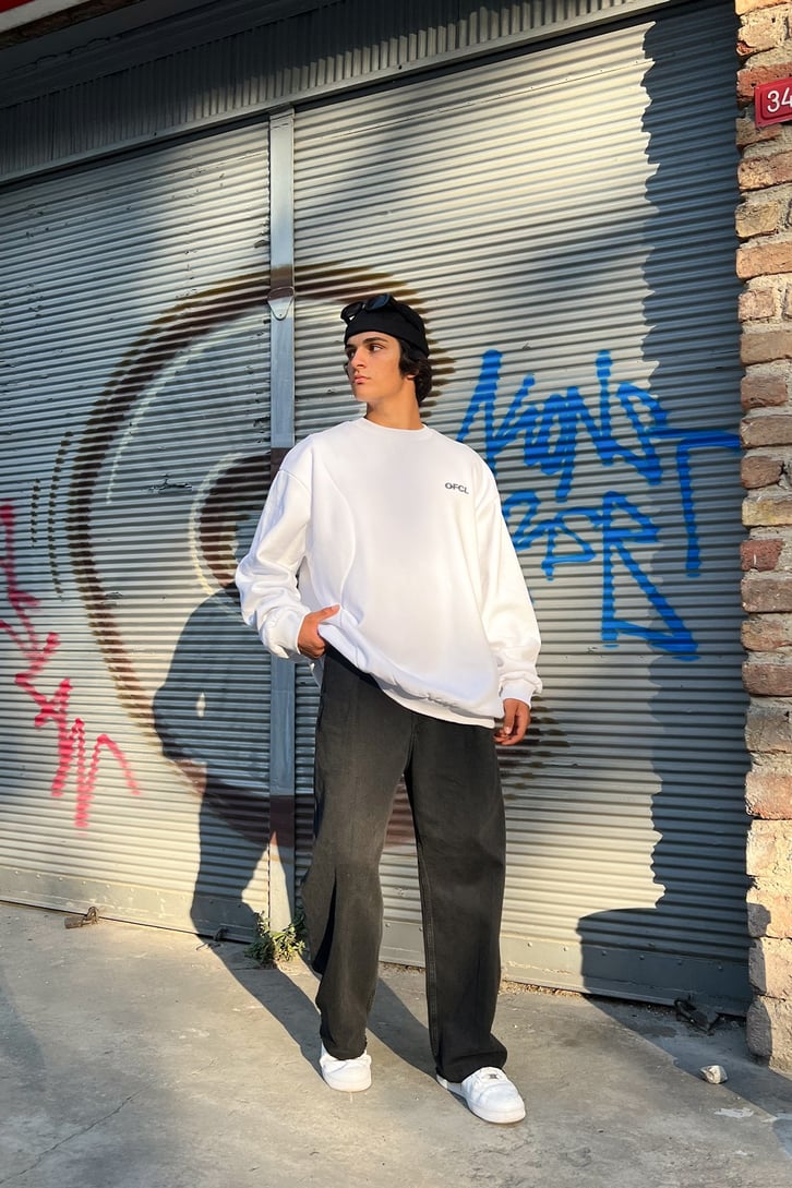 Ofcl Baskılı Beyaz Oversize Sweatshirt