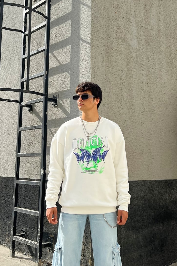 Ofcl Butterfly Baskılı Ekru Oversize Sweatshirt