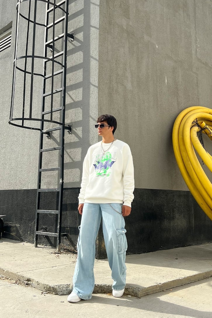 Ofcl Butterfly Baskılı Ekru Oversize Sweatshirt