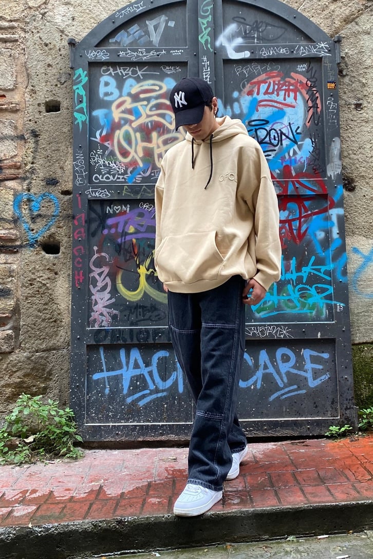 OFCL Chest Printed Premium Oversize Beige Sweatshirt