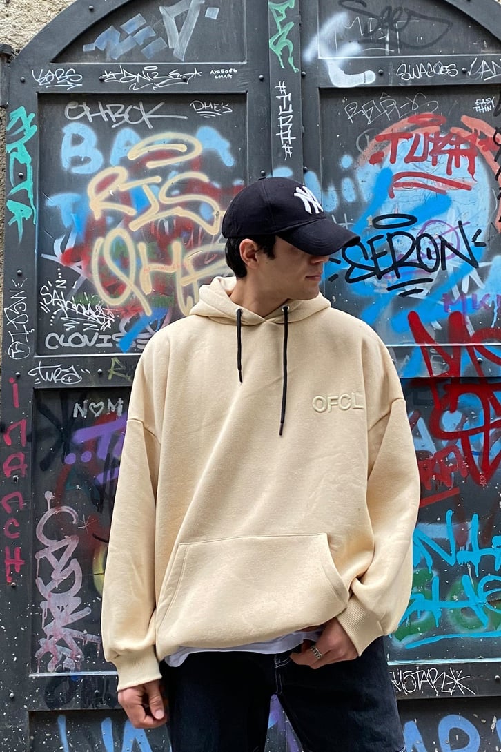 OFCL Chest Printed Premium Oversize Beige Sweatshirt