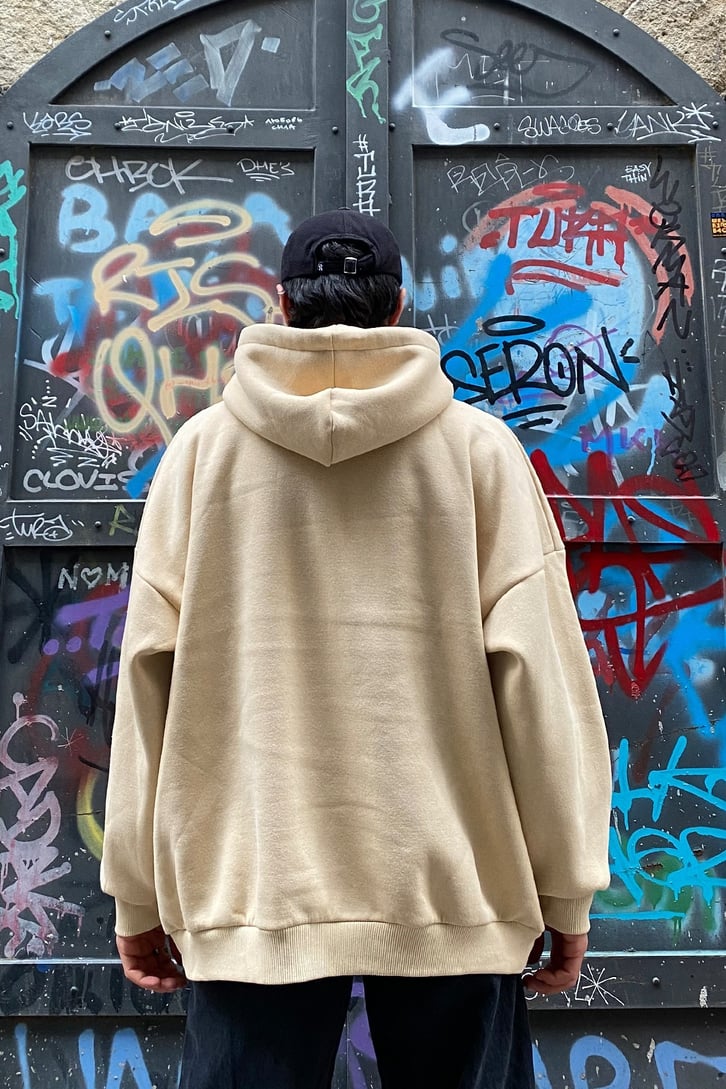 OFCL Chest Printed Premium Oversize Beige Sweatshirt