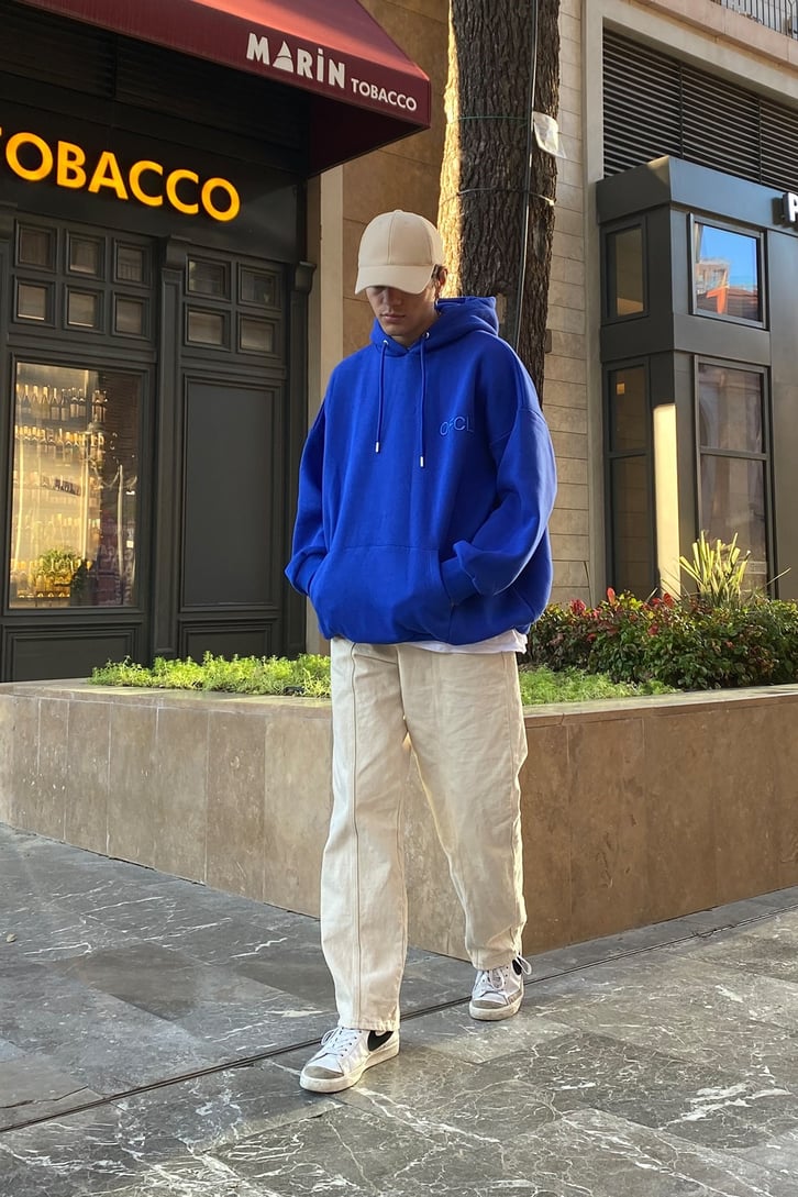 OFCL Chest Printed Premium Oversize Blue Sweatshirt