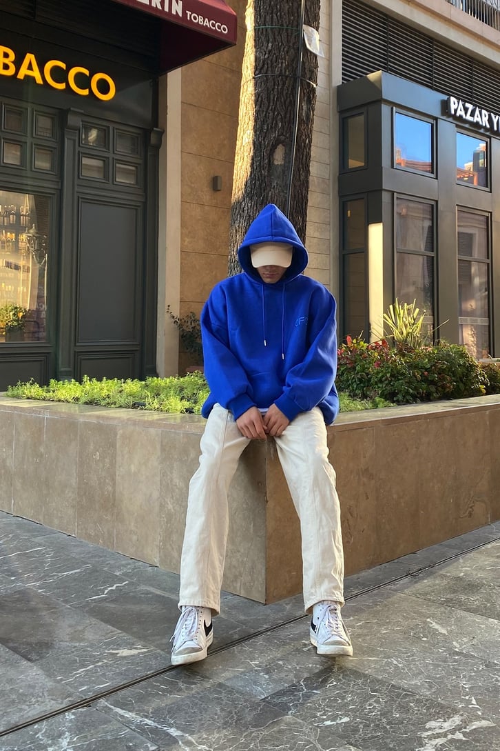 OFCL Chest Printed Premium Oversize Blue Sweatshirt