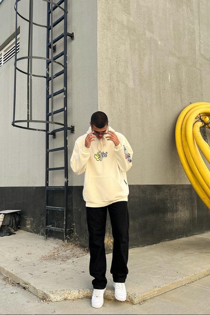 Ofcl Kol Baskılı Krem Oversize Sweatshirt