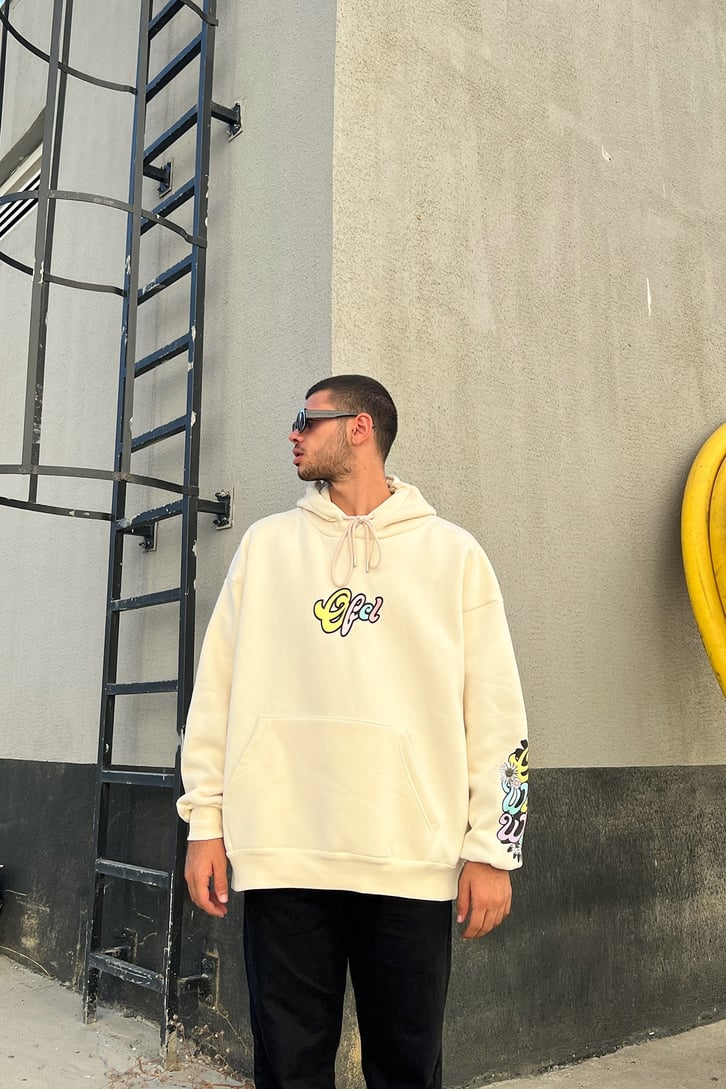 Ofcl Kol Baskılı Krem Oversize Sweatshirt